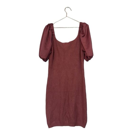On Twelfth ribbed dusty rose with silky puff sleeve elastic neck sweater dress - Picture 3 of 6